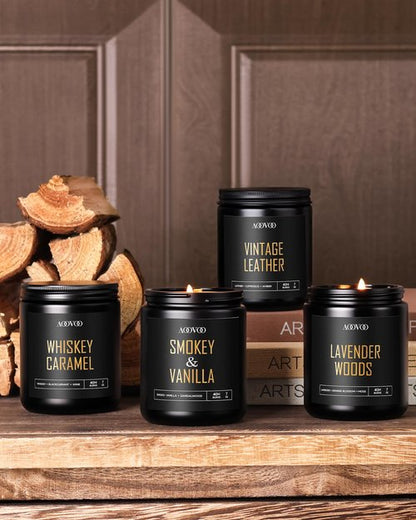 AOOVOO Scented Candles for Men - 4 Pack Candles for Home Scented, 28oz Soy Wax, 200 Hour Burn Time, Men Candle Set, Leather/Smoke & Vanilla/Whiskey Caramel/Lavender Candle Set