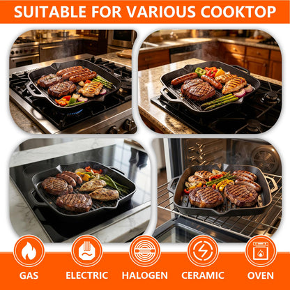 11" Cast Iron Square Grill Pan, Pre-Seasoned Griddle with Handles, Heavy Duty Skillet Griddle Replacement Part for Stovetop, BBQ & Campfire, Indoor & Outdoor Cooking