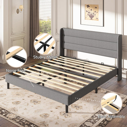Mxhtcewz Queen Size Upholstered Platform Bed Frame, Modern Linen Fabric Bed with Wingback Headboard, Sturdy No Wobble, Noise-Free & Easy Assembly, No Box Spring Needed, Gray