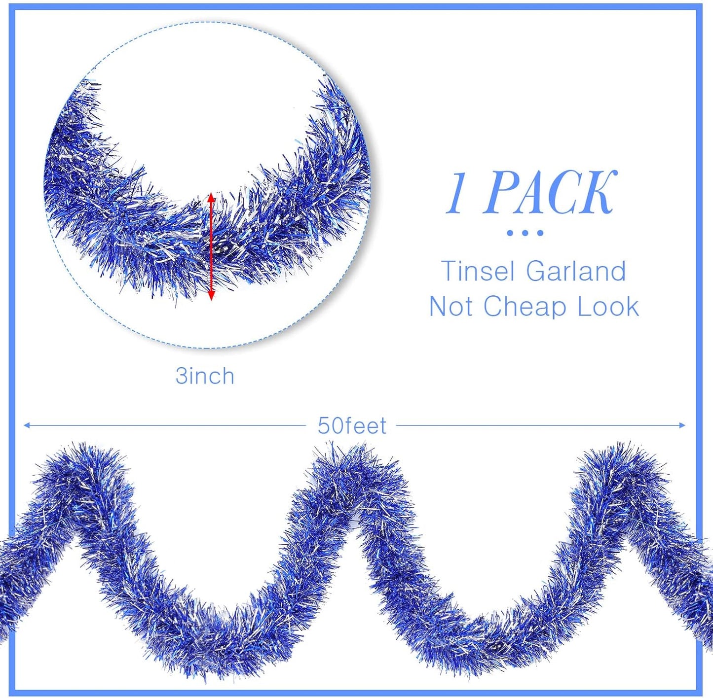 WILLBOND 50 Feet Christmas Tinsel Garland, Metallic Twist Garland for Christmas Tree Decorations, Wedding Birthday