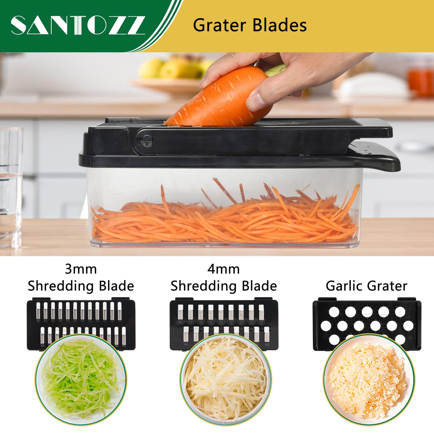 SANTOZZ Multifunctional Vegetable Chopper with Container, Vegetable Cutter with Interchangeable Blades, Onion Slicer, Garlic Grinder, Dicer for Potato, Carrot Chopper