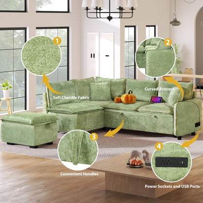 Merax Sectional Convertible Sofa Bed with Storage Ottoman, 2 Pillows, 2 Power Sockets and 2 USB Ports, Modular Sleeper Couch