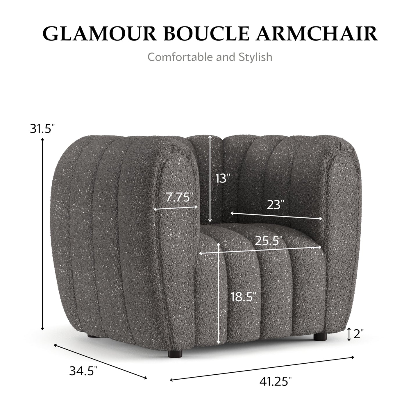 Furniture of America Glamour Contemporary Vertical Channel Tufted Boucle Accent Chair with Wooden Legs, Fabric Upholstered Armchair for Living Room, Bedroom, Office, Charcoal Gray