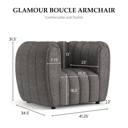 Furniture of America Glamour Contemporary Vertical Channel Tufted Boucle Accent Chair with Wooden Legs, Fabric Upholstered Armchair for Living Room, Bedroom, Office, Charcoal Gray