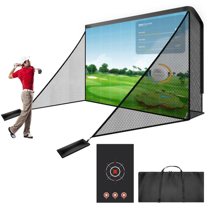 Silipull Golf Cage Net with Simulator Impact Screen Heavy Steel Frame with 2 Net Side Barriers HD Blank Impact Screen and Target Cloth Golf Simulators Enclosure for Home Indoor Outdoor(10 x 7 ft)