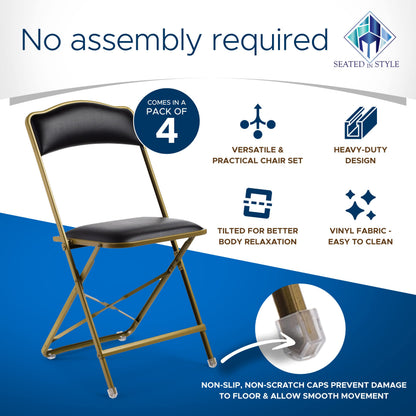 Premium Folding Chairs 4 Pack - Narrow 15" Seat, Padded Seat & Back - Folds Ultra Slim (~1 Inch) - Elegant Event Seating for Weddings, Parties & Dining Gold Frame Black Vinyl