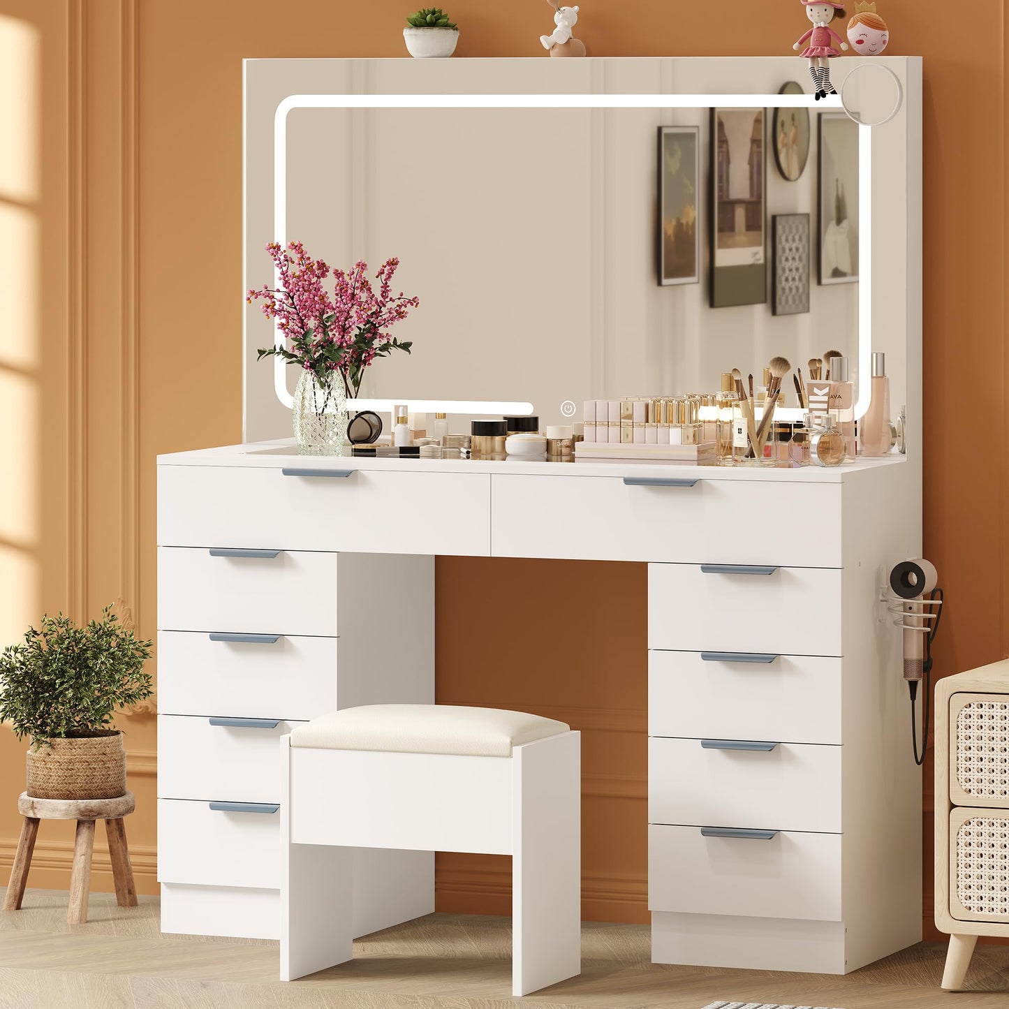 Vanity Desk with Large Mirror and Lights, Makeup Vanity Desk Set with Power Outlet, Stool, 10 Drawers Storage, Magnifying Glass, Hairdryer Holder, 3 Lighting Color Adjustable for Bedroom (White)