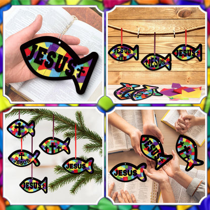 Funrous 32 Set Faith Fish Suncatcher Crafts Kit DIY Easter Christain Cross Crafts with Tissue Paper Religious Sun Catcher Ornaments Church Sunday School VBS Classroom Activities Window Decor Supplies