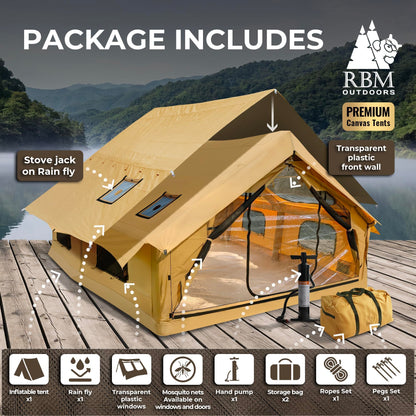 RBM Outdoors Panda Air Large Inflatable Canvas Camping Tent for 2–6 People – Air Beam Tent with Stove Jack, Fast Setup, Hand Pump Included, Beige, Set