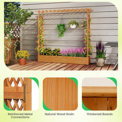 Giantex Set of 2 Raised Garden Bed with Trellis & Hanging Roof, Wood Planter Box with Bottom and Drainage Holes, Freestanding Garden Planter for Flower Vegetable Fruit Herb Climbing Vines, 77"x17"x70"