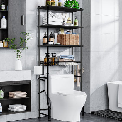 Mlinavn Over-The-Toilet Storage Rack, 4-Tier Bathroom Organizer Shelf Over Toilet with Adjustable Shelf and Basket, Freestanding Space Saver Bathroom Shelves Above Toilet for Room (Black)
