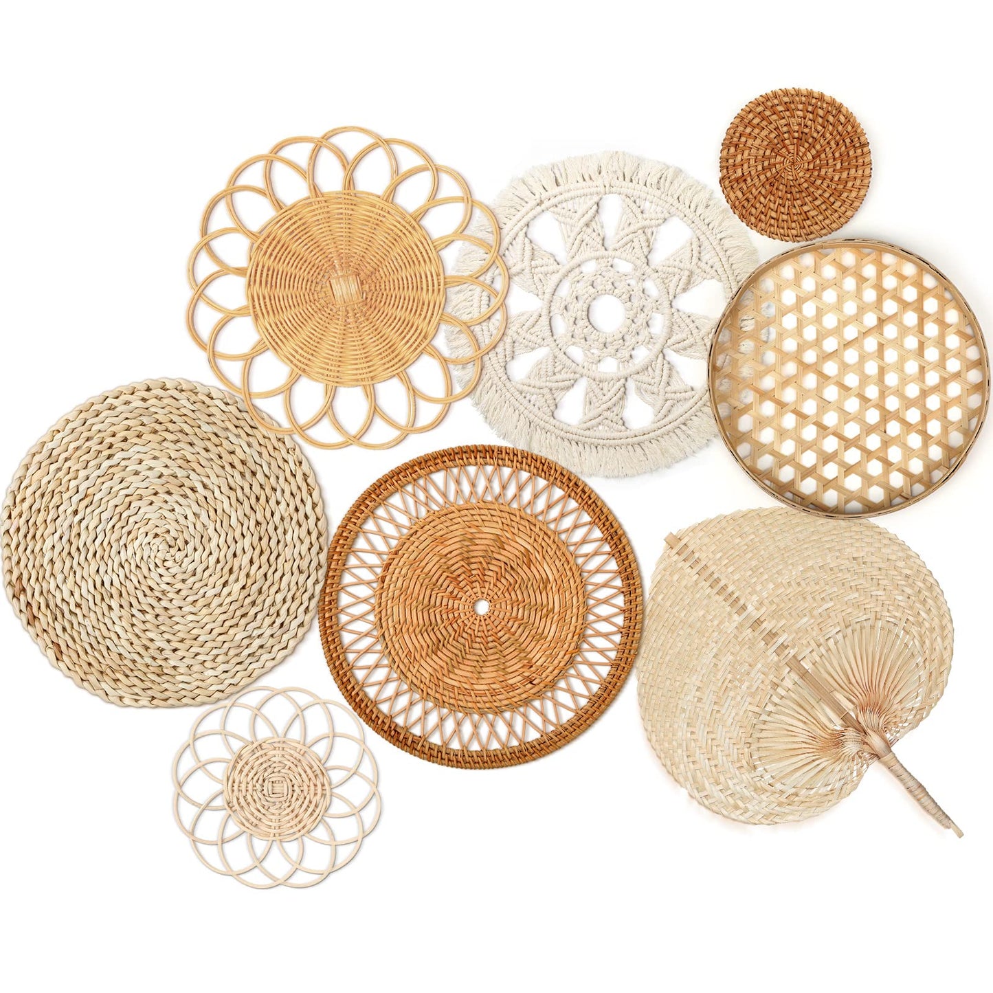 Tatuo 8 Sets Boho Wall Basket Decor Woven Rattan Flat Baskets Round Handmade Wicker Bamboo Hanging Rustic Elegant Tassels Wall Art for Farmhouse Bedrooms Living Rooms Table Kitchen Decorations