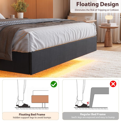 GAOMON Floating King Size Bed Frame with Upholstered Storage Headboard, Platform Bed Frame with LED Lights & Charging Station, Wood Slats Support, No Box Spring Needed, Black