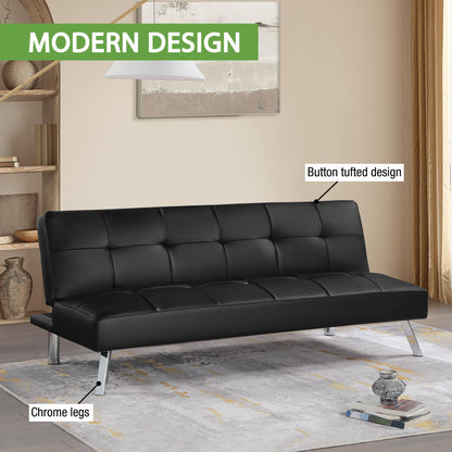 OSP Home Furnishings Kenneth Modern Button Tufted Convertible Click-Clack Futon Sofa Bed, Black Faux Leather with Chrome Legs