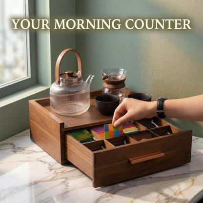 Tea Bag Organizer Drawer | Acacia Wooden Tea Box with 8 Compartments and Deep Storage Drawer | Tea Chest for Countertop Tea Station, Fits Tea Bags, Coffee Pods and Sugar Packets - 13 x 8.46 x 4.92 in