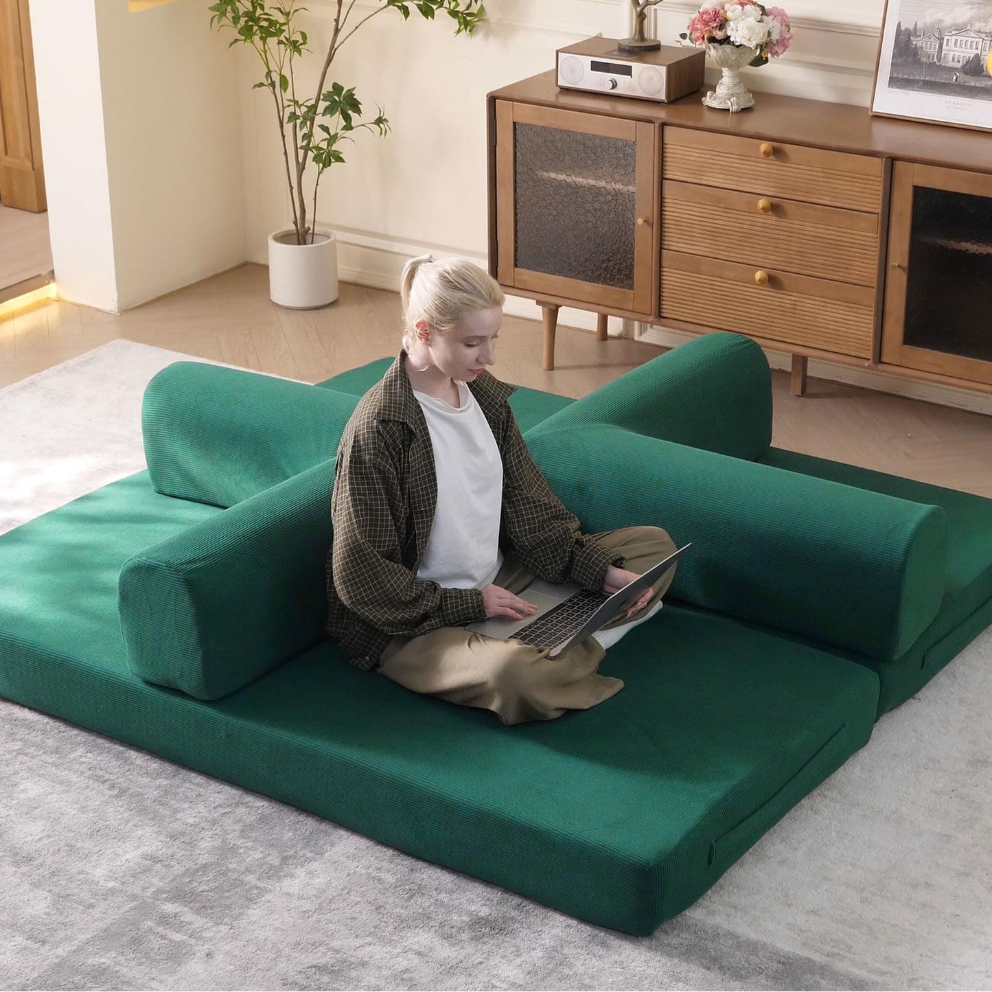 WHGBJA 79'' Convertible Sleeper Sofa Bed, 3-in-1 Foldable Floor Couch with Corduroy Upholstery, No Assembly Loveseat, Light Brown Lounge Mattress for Living Room, Studio, Guest Room (Light Green)