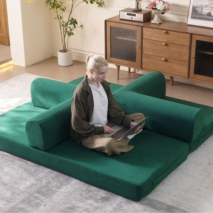 WHGBJA 79'' Convertible Sleeper Sofa Bed, 3-in-1 Foldable Floor Couch with Corduroy Upholstery, No Assembly Loveseat, Light Brown Lounge Mattress for Living Room, Studio, Guest Room (Light Green)