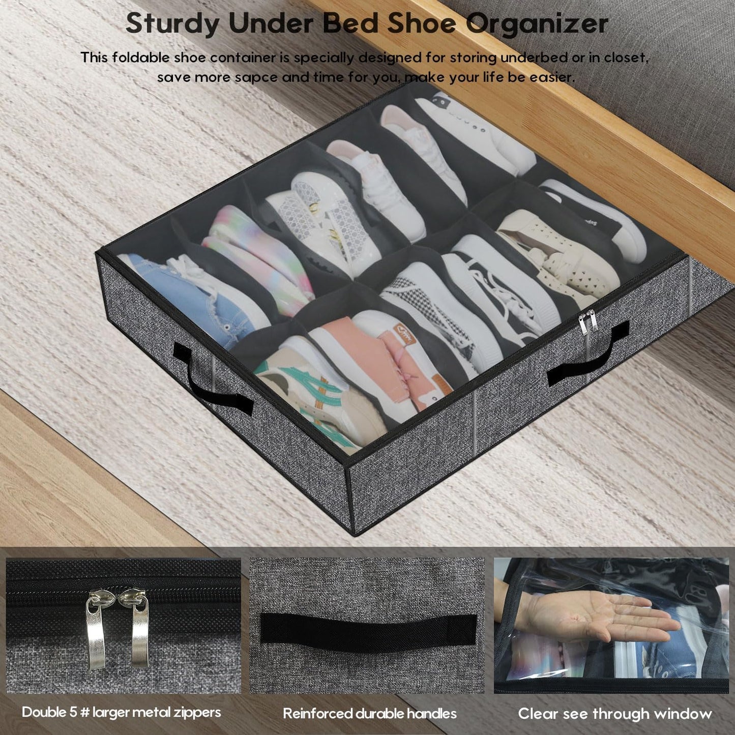 16 32 Closet, 37.7x 23.6x 5.9 inch, MXBUBS16P2 Onlyeasy Sturdy Under Bed Shoe Storage Organizer with Handles and Clear