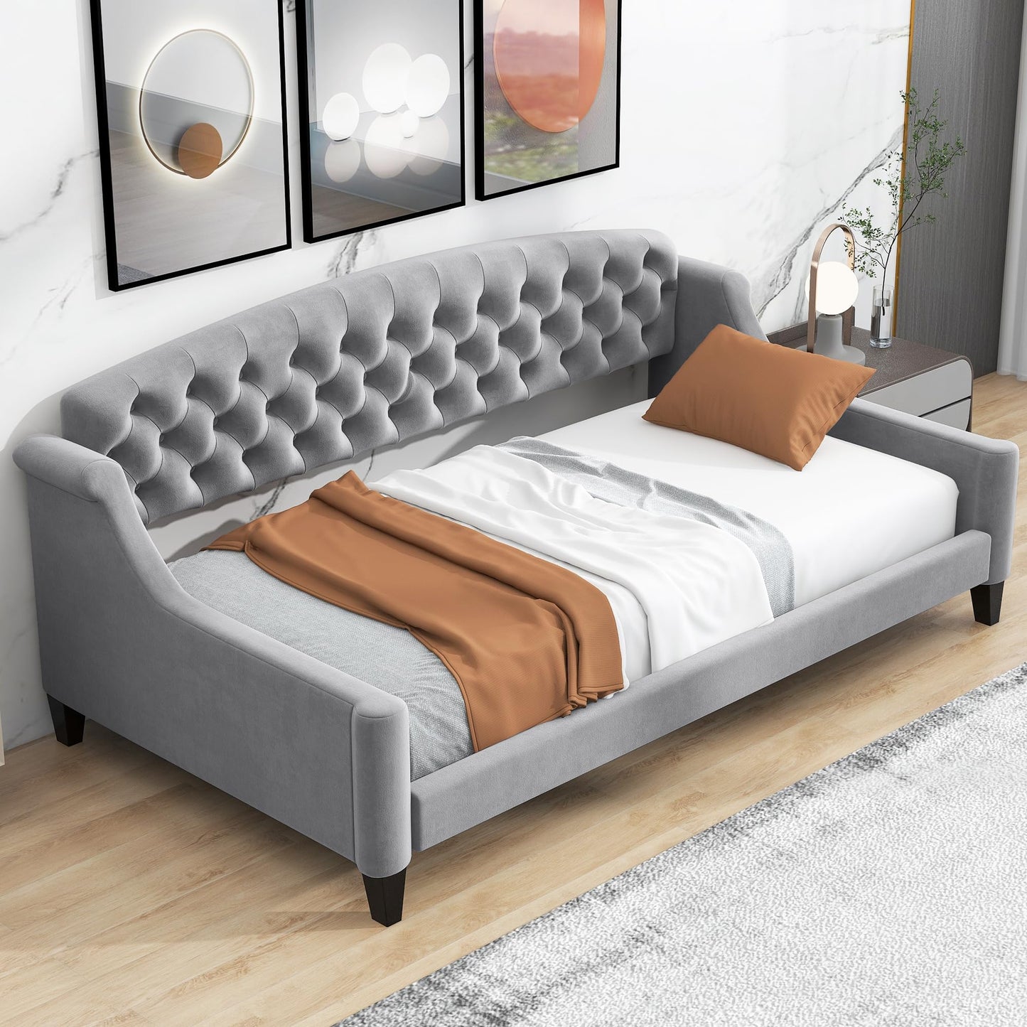 Ball & Cast Twin Size Daybed,Velvet Upholstered Day Bed Frame with Button Tufted Backrest,Modern Sofa Bed for Living Room, Bedroom,Guest Room,No Box Spring Needed,Gray