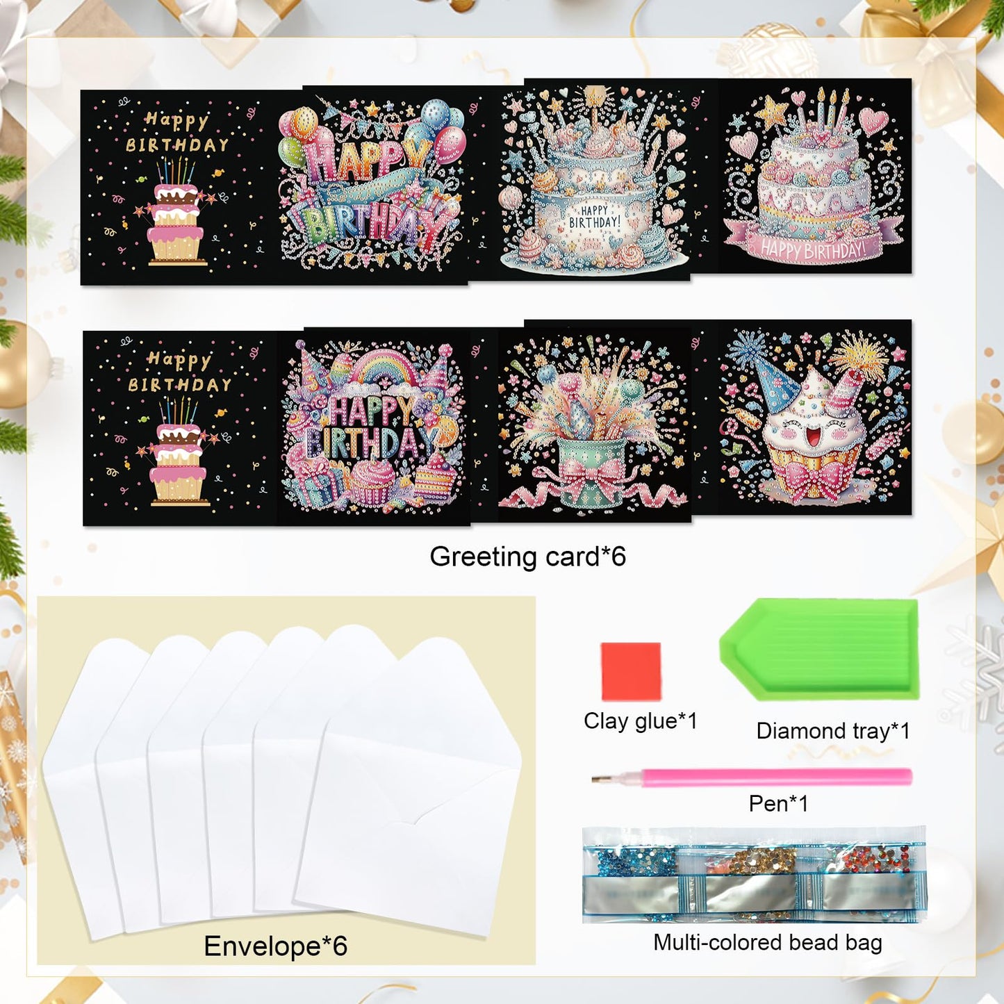antor 6 Pcs 5D Diamond Painting Greeting Card Kits, Laser Effect Diamond Art Birthday Cards Special Shaped Diamond Art Postcards Crafts for Birthday Holiday (30x15cm)