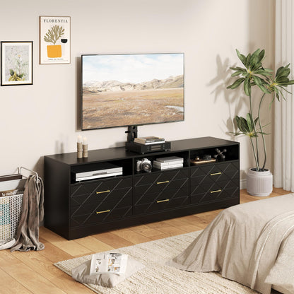 GarveeHome Black Entertainment Center with 6 Storage Drawers for Bedroom Living Room, Universal TV Stand with Mount Fit 32"-80" TVs, Farmhouse Wooden Media Console Tables with Height Adjustable Mount