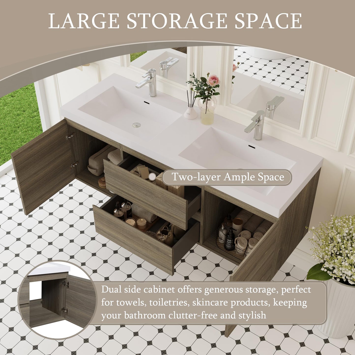 KEIKI 60'' Wall-Mounted Bathroom Vanity with Double Sinks - Floating Design, 2 Soft-Close Drawers & Doors & Resin Basin, Space-Saving for Small Bathrooms, Ash Grey