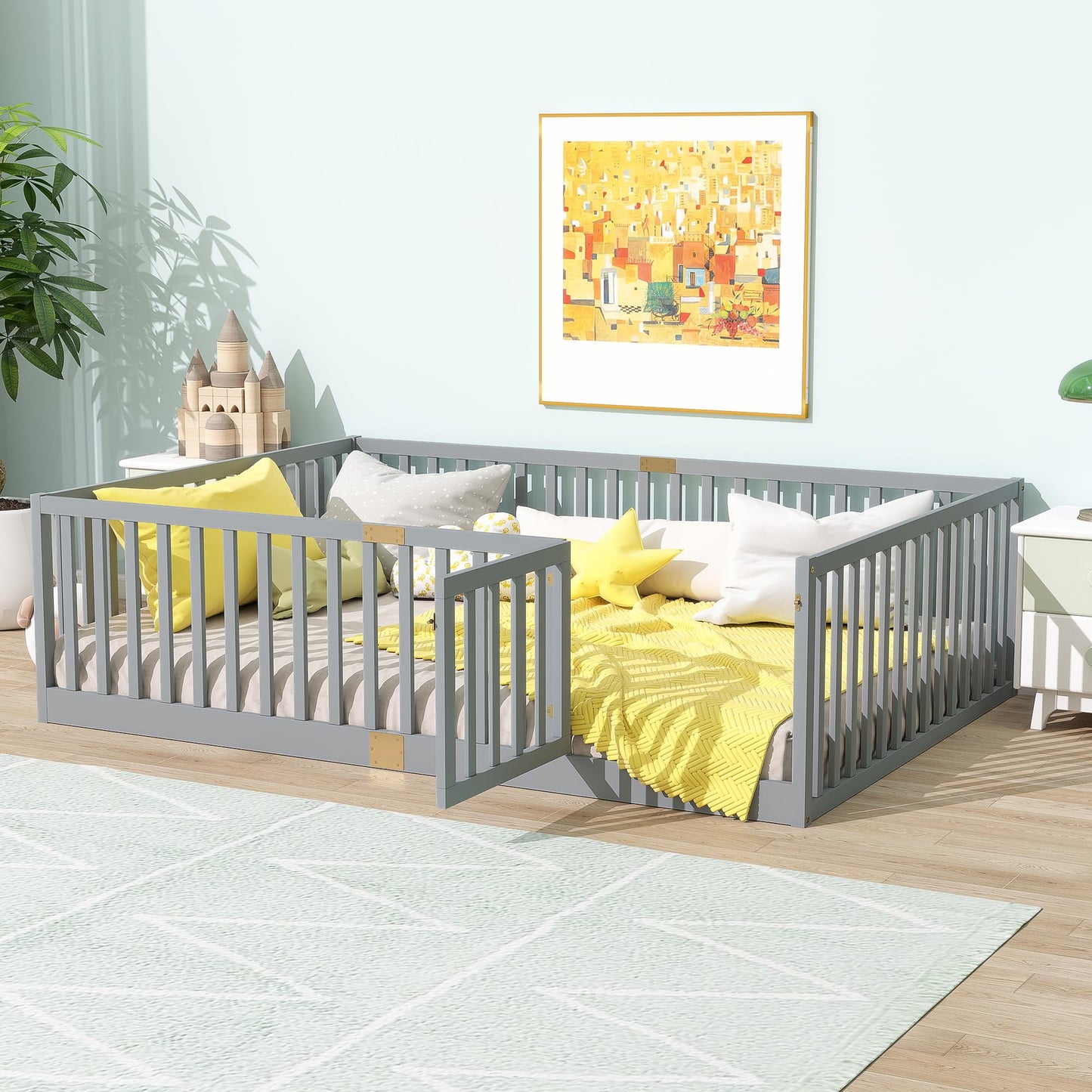 KEIKI Full Floor Bed Frame with High Fence Guardrail, Solid Wood Montessori Kids Bed, Pine Wood Platform Floor Bed with Storage Racks, White