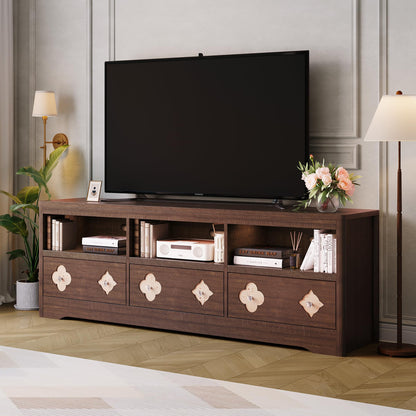 GAOMON Farmhouse 70 Inch TV Stand for TVs Up to 85", Mid Century Modern Entertainment Center with Storage Carved Drawer and Open Shelves, TV Console for Living Room (Brown)