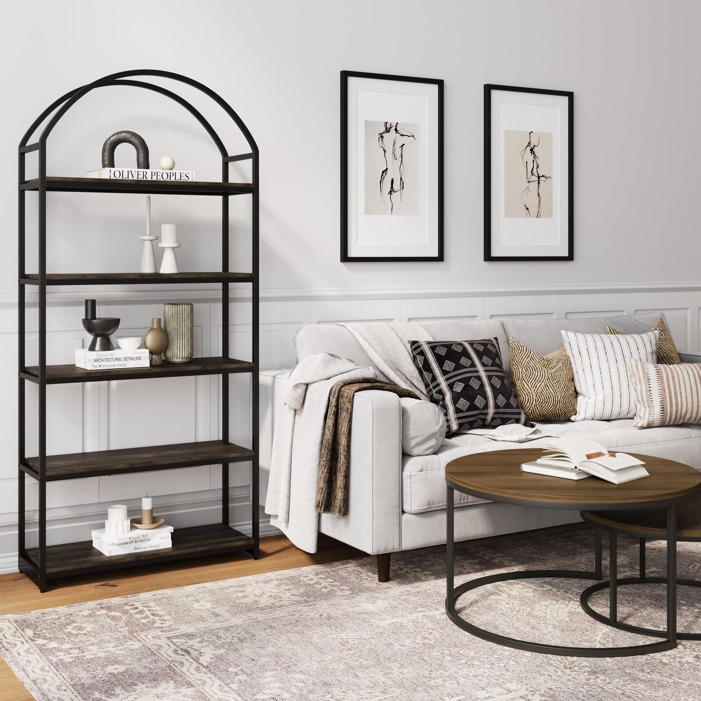 Nathan James Haven Etagere Bookshelf, 5-Shelf Bookcase in Nutmeg Wood and Black Metal Frame with Arch Top and Open Shelves, Nutmeg/Black