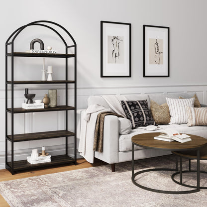 Nathan James Haven Etagere Bookshelf, 5-Shelf Bookcase in Nutmeg Wood and Black Metal Frame with Arch Top and Open Shelves, Nutmeg/Black