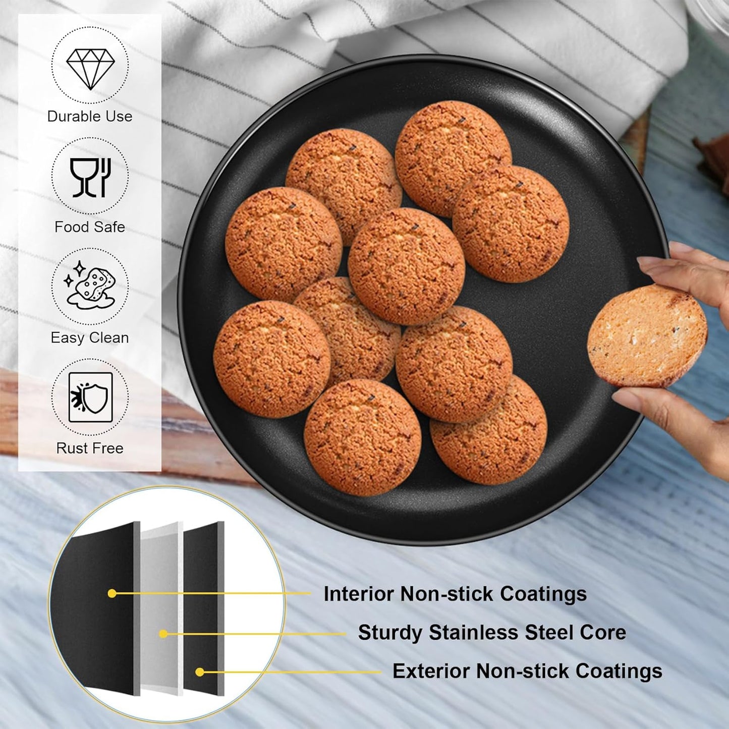 P&P CHEF Set of 2 12 Inch Non-Stick Pizza Pans, Round Bakeware for Oven, Sturdy Stainless Steel Core