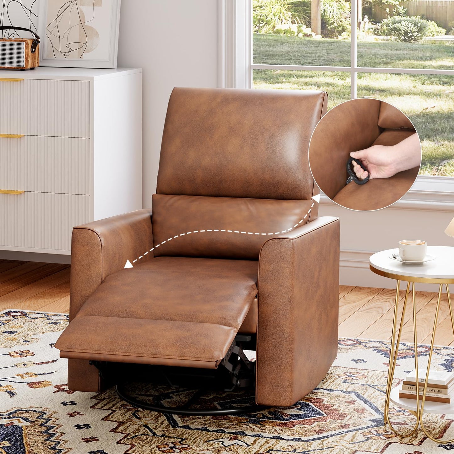 GAOMON Swivel Rocking Recliner Chair, Manual Leather Recliner Glider with Lumbar Support & Padded Armrest, Comfortable Rocker Nursery Single Sofa for Living Room and Bedroom (Brown)