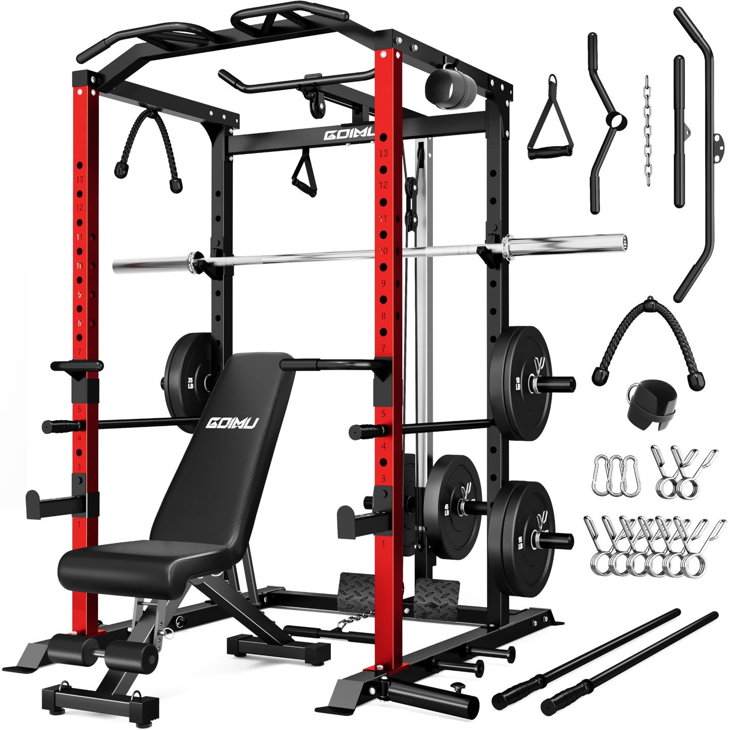 Goimu C1-V4 Power Cage, 2000LBS Squat Rack with LAT Pulldown, Multi-Function Weight Cage Strength Training Machine, Workout Cage with More Attachments for Home Gym Garage (210LBS RD Home Gym Packages)
