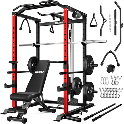 Goimu C1-V4 Power Cage, 2000LBS Squat Rack with LAT Pulldown, Multi-Function Weight Cage Strength Training Machine, Workout Cage with More Attachments for Home Gym Garage (210LBS RD Home Gym Packages)