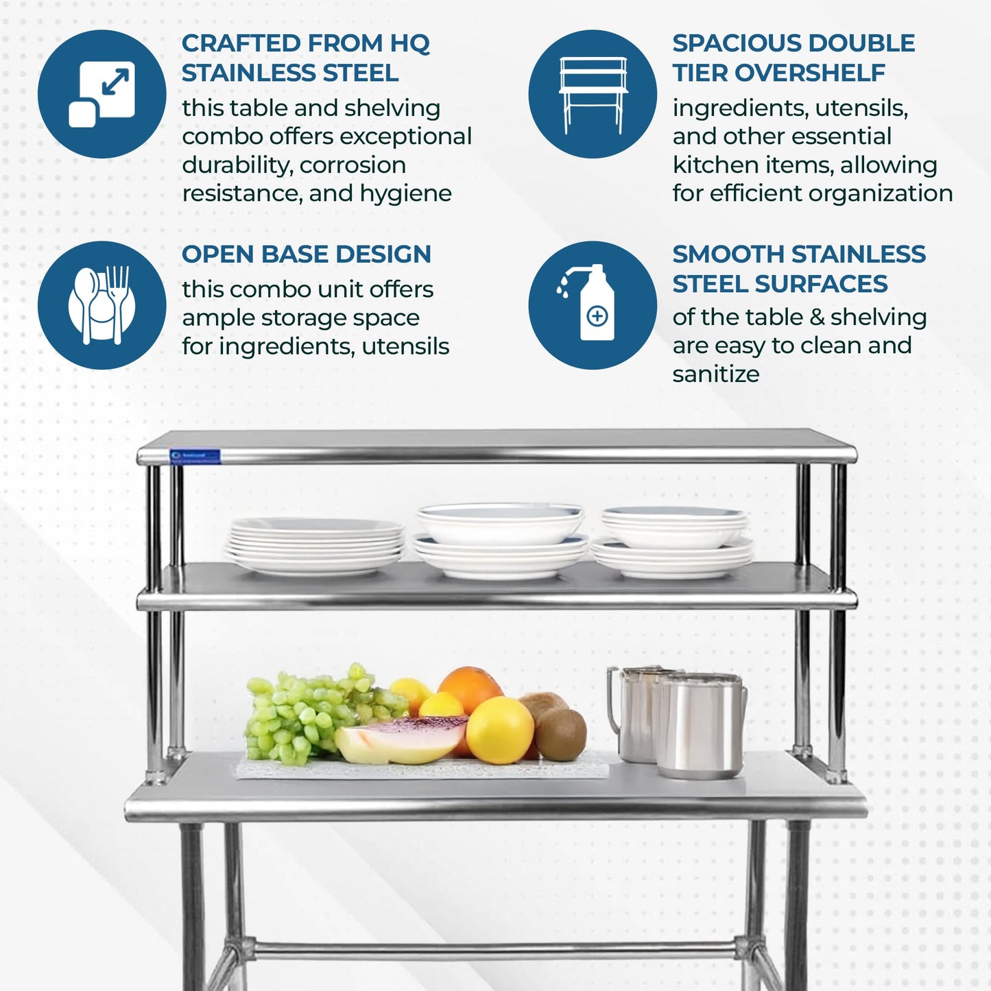 Express KitchQuip Stainless Steel Open Base Table with Wide Double Tier Overshelf | Metal Kitchen Prep & Shelving Combo (24" x 36" Open Base Table + 18" Overshelf)
