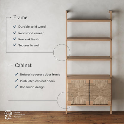 Nathan James Beacon 3-Shelf Bookcase with Seagrass Cabinet, Solid Wood Bookshelf with Storage with Solid Wood Frame, Seagrass/Raw Oak Set of 2