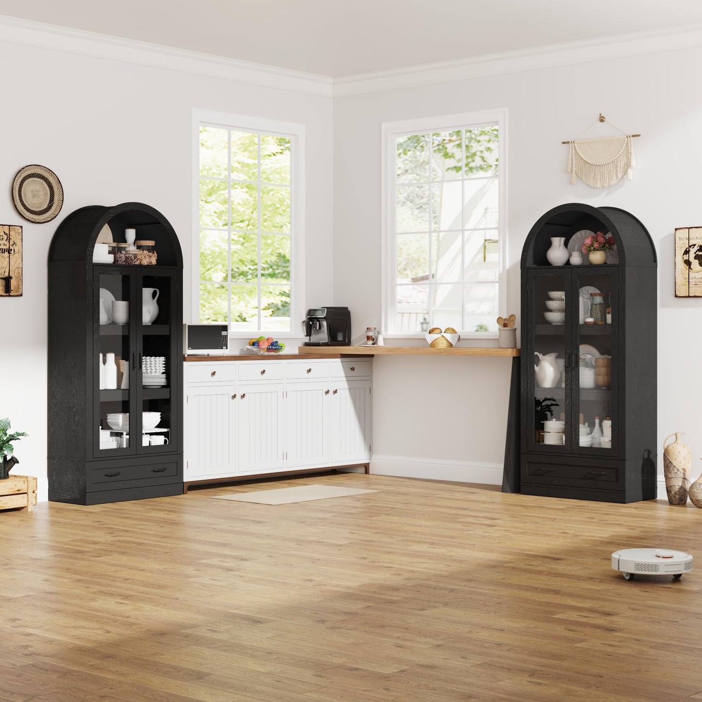 75" Tall Arched Kitchen Pantry Cabinet w Load-Bearing Steel Pipe,Modern Farmhouse Kitchens Storage Cabinet with Drawer and Glass Doors,Tall Arched Bookcase,Pantry Organizer(Woodgrain Black)