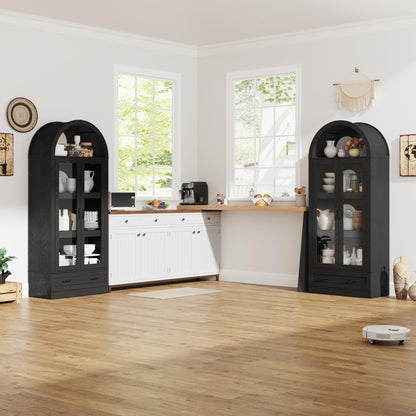75" Tall Arched Kitchen Pantry Cabinet w Load-Bearing Steel Pipe,Modern Farmhouse Kitchens Storage Cabinet with Drawer and Glass Doors,Tall Arched Bookcase,Pantry Organizer(Woodgrain Black)