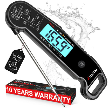 Atogou Meat Thermometer, Professional Food Thermometer, <1 Sec Instant Read, ±0.5℉ Accuracy, Thermocouple Sensor, Waterproof Digital Thermometer for Cooking, BBQ, Grill, Him Dad Birthday Gifts, Black