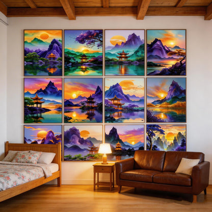 ZSWLLHP 12-Pack Asian Landscape Diamond Painting Kits, Full Round Drill 5D Purple Mountain Pagoda Scenery Diamond Art Sets for Adults, DIY Handmade Gem Paintings for Home Office Wall Art Decor