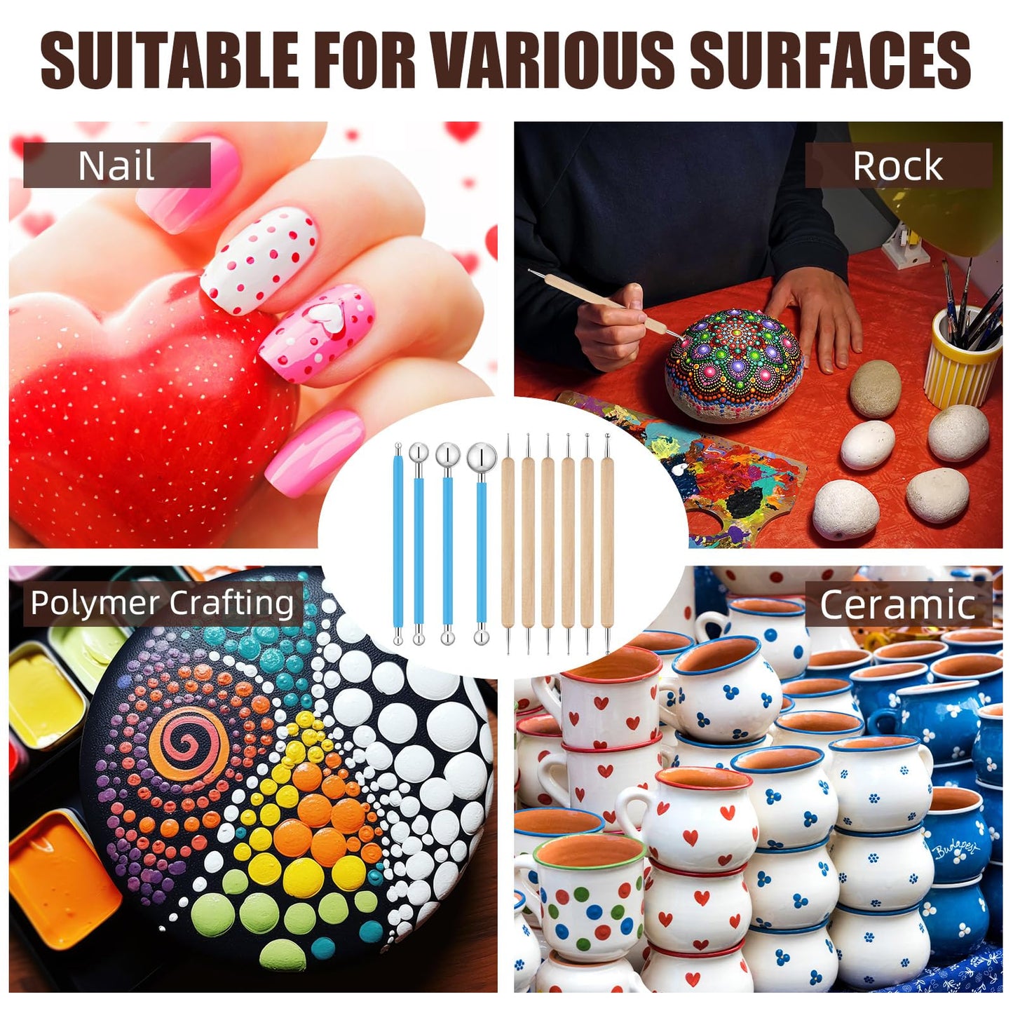 Teenyyou 6 Sets Dot Painting Tools 60 Pcs Clay Pottery Modeling Metal Embossing Tools Ceramic Clay Dotting Supplies for Painting Mandalas Pottery Art Rock