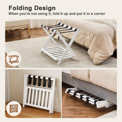 oakvivo Fully Assembled Luggage Racks Pack of 2, Upgraded Bamboo Foldable Suitcase Stand with 5 Nylon Straps, 26.77" Thickened Luggage Stand Holder with Shelf for Guest Room Bedroom Hotel, White