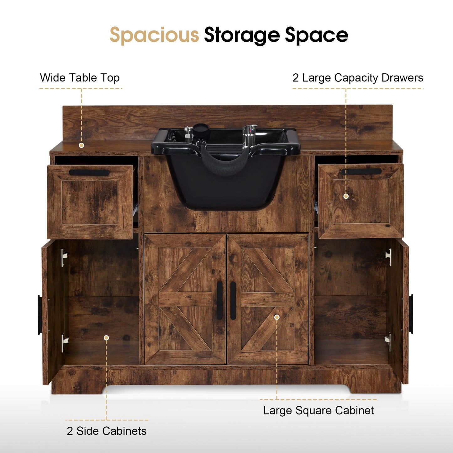 BarberPub Portable Shampoo Station, Shampoo Bowl with Cabinet & Drawer, Salon Geometric Finish Station with Sprayer Faucet, Barber Storage Equipment with Hair Wash Backwash Sink 3439 (Rust Brown)