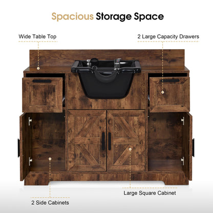 BarberPub Portable Shampoo Station, Shampoo Bowl with Cabinet & Drawer, Salon Geometric Finish Station with Sprayer Faucet, Barber Storage Equipment with Hair Wash Backwash Sink 3439 (Rust Brown)