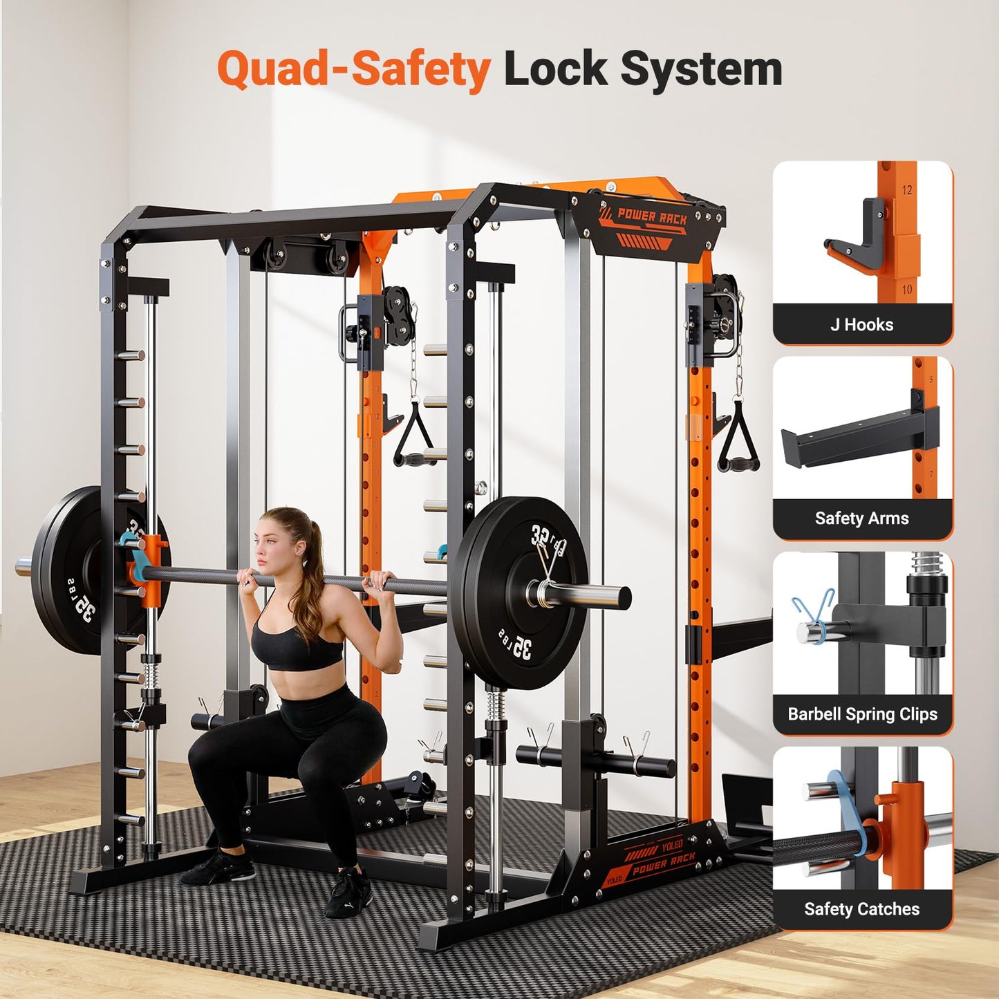YOLEO Smith Machine with Independent Dual-Pulley System, 1800LBS Adjustable Cable Crossover Squat Rack, Multi-Functional Power Cage for Home Gym with More Workout Equipment LAT Pulldown Bar & Dip Bar