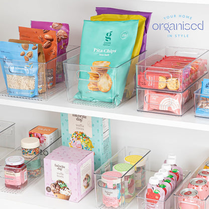 Plastic Food Storage 2 Pack Clear Container Bin with Handles for Kitchen, Pantry, Refrigerator, Stackable 10”x6”x3”