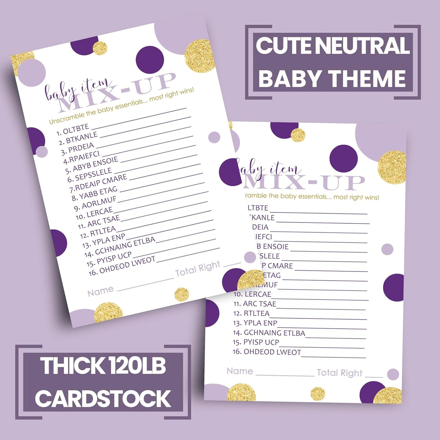 Purple and Gold Baby Shower Games - Word Scramble Game for Gender Reveal - 25 Pack, Royal Mermaid Design