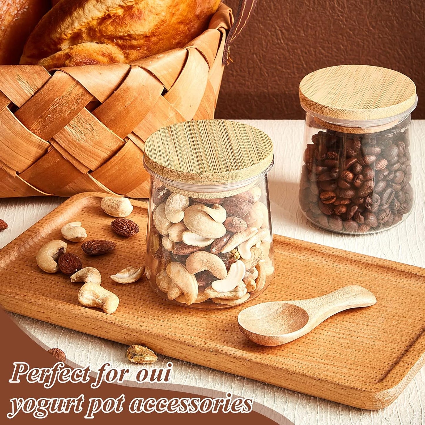 20 Tessco for you Pcs Yogurt Jar Lids with Small Spoons Bamboo Jar Lids with Silicone Sealing Rings Wooden Spoons