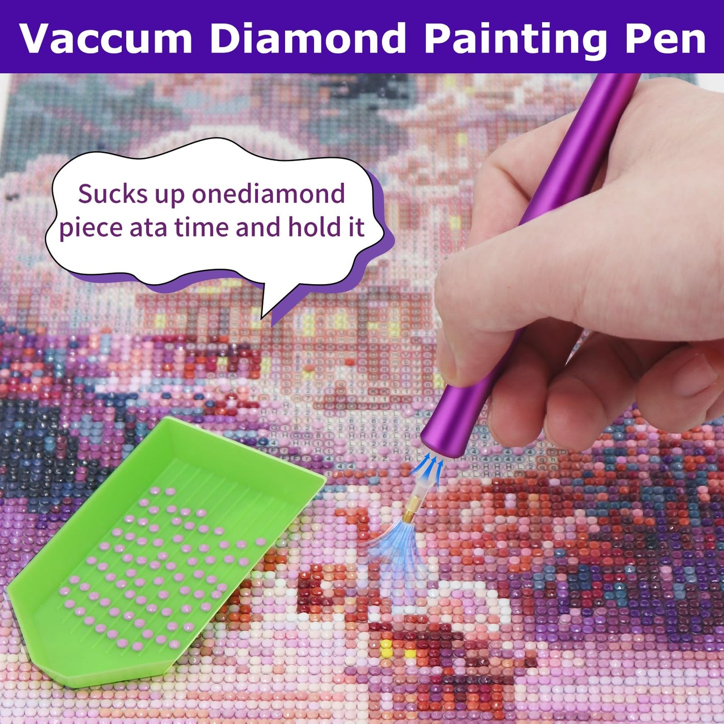 Sthmeyue Portable Diamond Painting Pen – Ultra-Light, Travel-Friendly | USB‑C Power Bank/PC Charging | 600mAh Battery + Quiet Operation | 3-Mode Suction & Wax-Free (Violet)