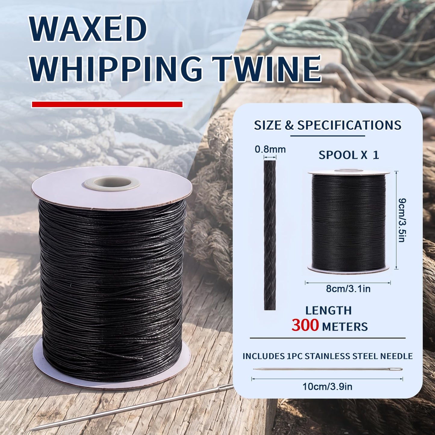 Timgle Waxed Polyester Whipping Twine 0.8mm x 985 Feet, Marine Grade Sail Repair & Rope Seizing Cord with Needle, Heavy Duty Waxed Lacing String for Leather Sewing, Camping, Outdoor Use(Black)
